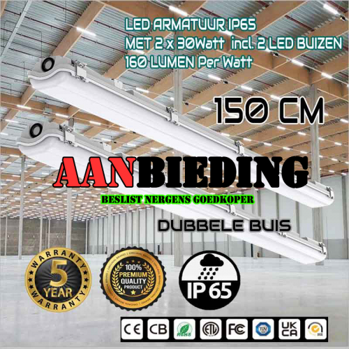 Led TL Armatuur Waterproof 2x30 watt 1.5m incl  2 Buizen - 7772-sll-60w 2 x 30w-160