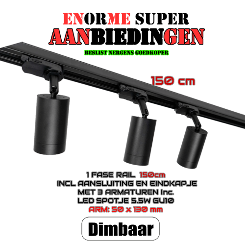 AANBIEDING COMPLETE SET-1.5 METER 1 FASE RAIL MET 3 SPOTS - 8653-1.5meter-3 spots gu10-Ø50-130mm