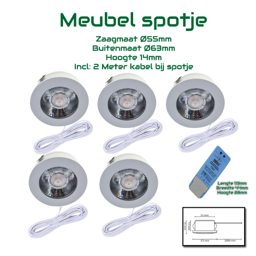 LED MEUBELSPOT 3W | 12V(DC) 14MM HOOG - 5571-led meubelspotje 3w