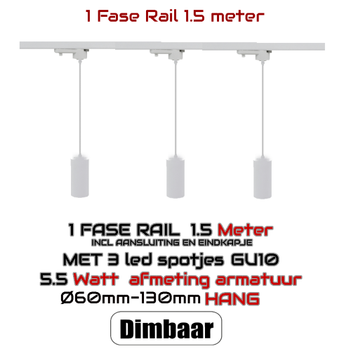 AANBIEDING COMPLETE SET-1.5 METER 1FASE RAIL HANGLAMP - 8655-1fase rail 3 hanglampen gu10
