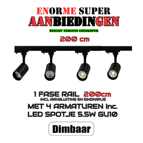 AANBIEDING COMPLETE SET-2.0METER 1 FASE RAIL MET 4 SPOTS - 8656-1fase rail met 4 spots