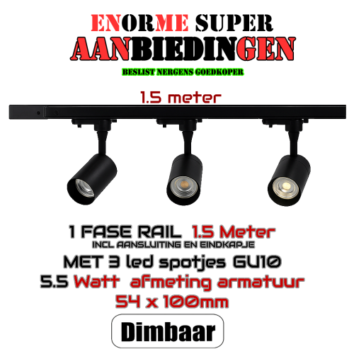 AANBIEDING COMPLETE SET-1 FASE RAIL MET 3 SPOTS - 8653-1 fase rail met 3 spots 100mm