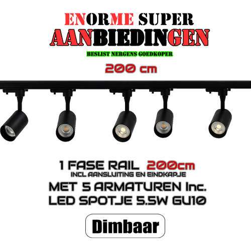 AANBIEDING COMPLETE SET-2 METER 1 FASE RAIL MET 5 SPOTS - 8658-i fase 2 m-rail met 5 spots