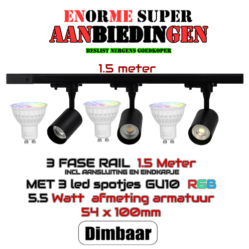 COMPLETE SET-1.5 METER 1 FASE RAIL MET 3 SPOTS   RGB - 8649-complete set 1-fase rgb