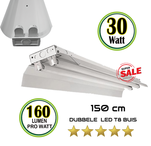 LED BUIS T8 REFLECTOR MET ARMATUUR 150CM-2x30W - 7809-sll-arm-t8-30w-150cm 160lm